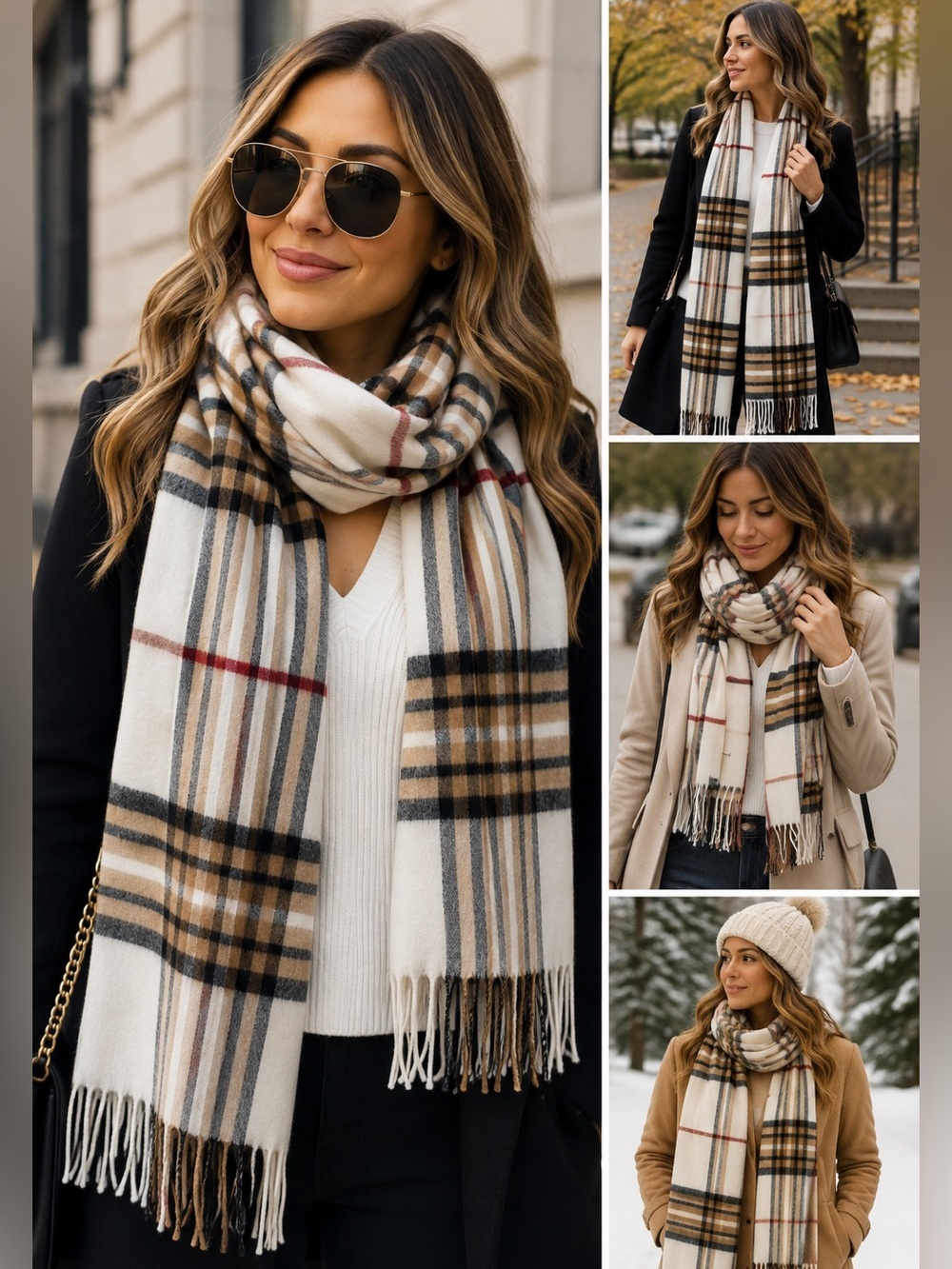 IVORY white tan brown black red plaid check soft warm fall winter scarf